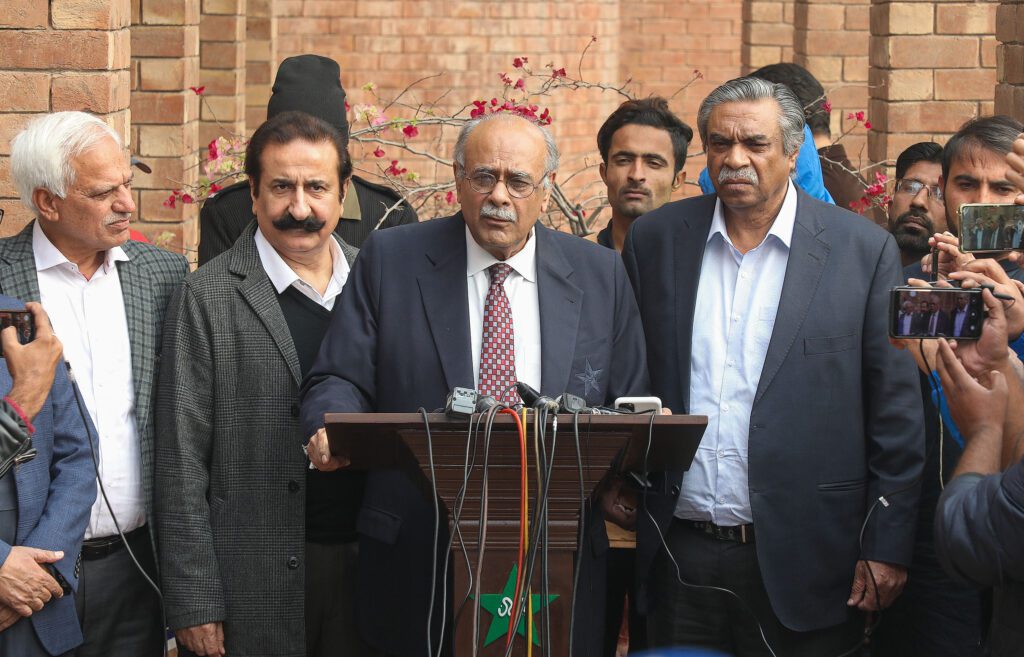 Najam Sethi speaking to media after assuming charge as chairman PCB