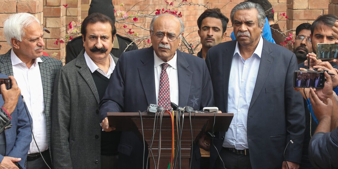 Najam Sethi speaking to media after assuming charge as chairman PCB